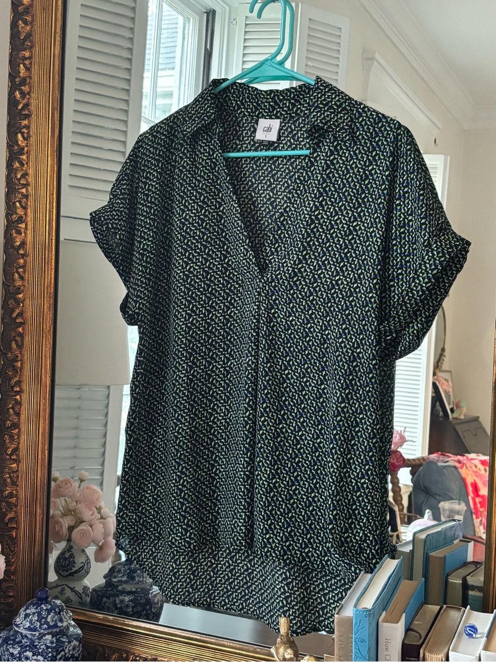 CAbi Replay Popover Blouse with Black and Green Print